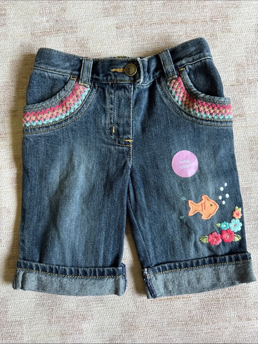 Gymboree Long Denim Shorts with Pink & Teal Embroidery NWT size 6-12M
